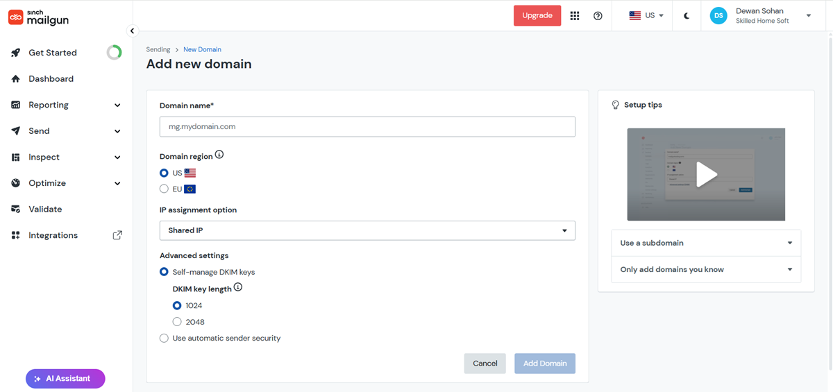 Add Domain in Mailgun