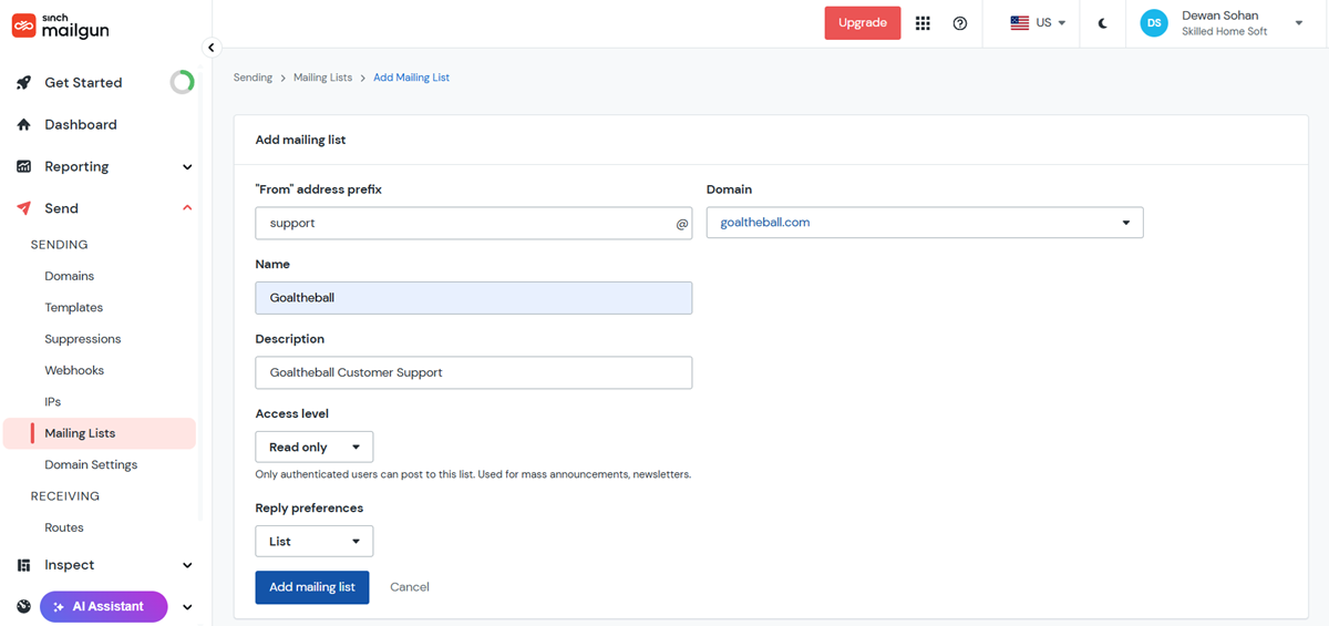 Add Mailing List in mailgun