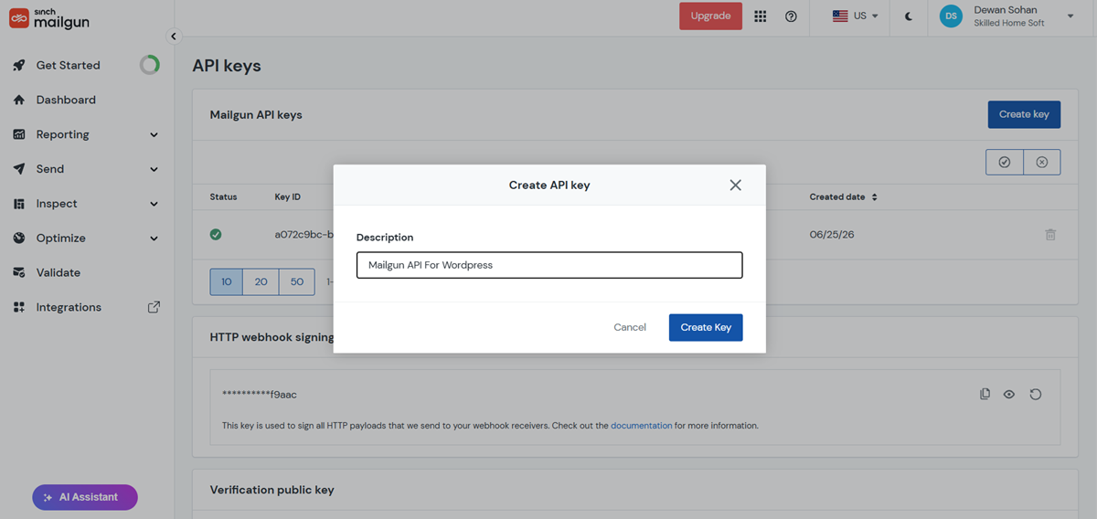 Create Mailgun API Key