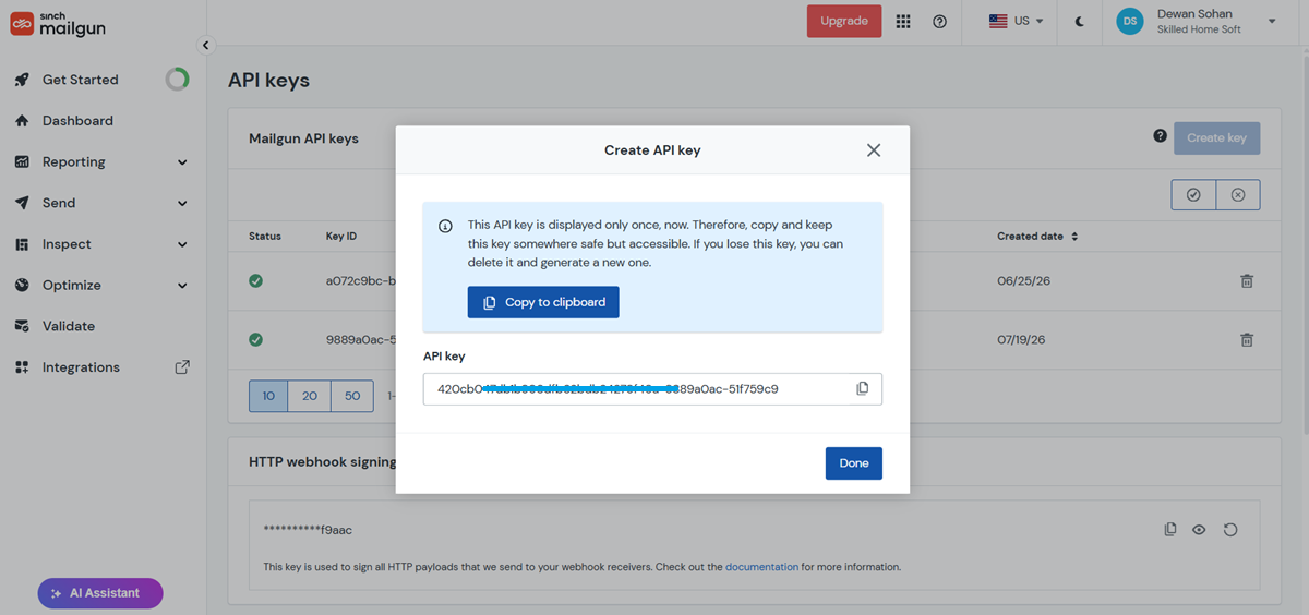 Mailgun API key for WordPress